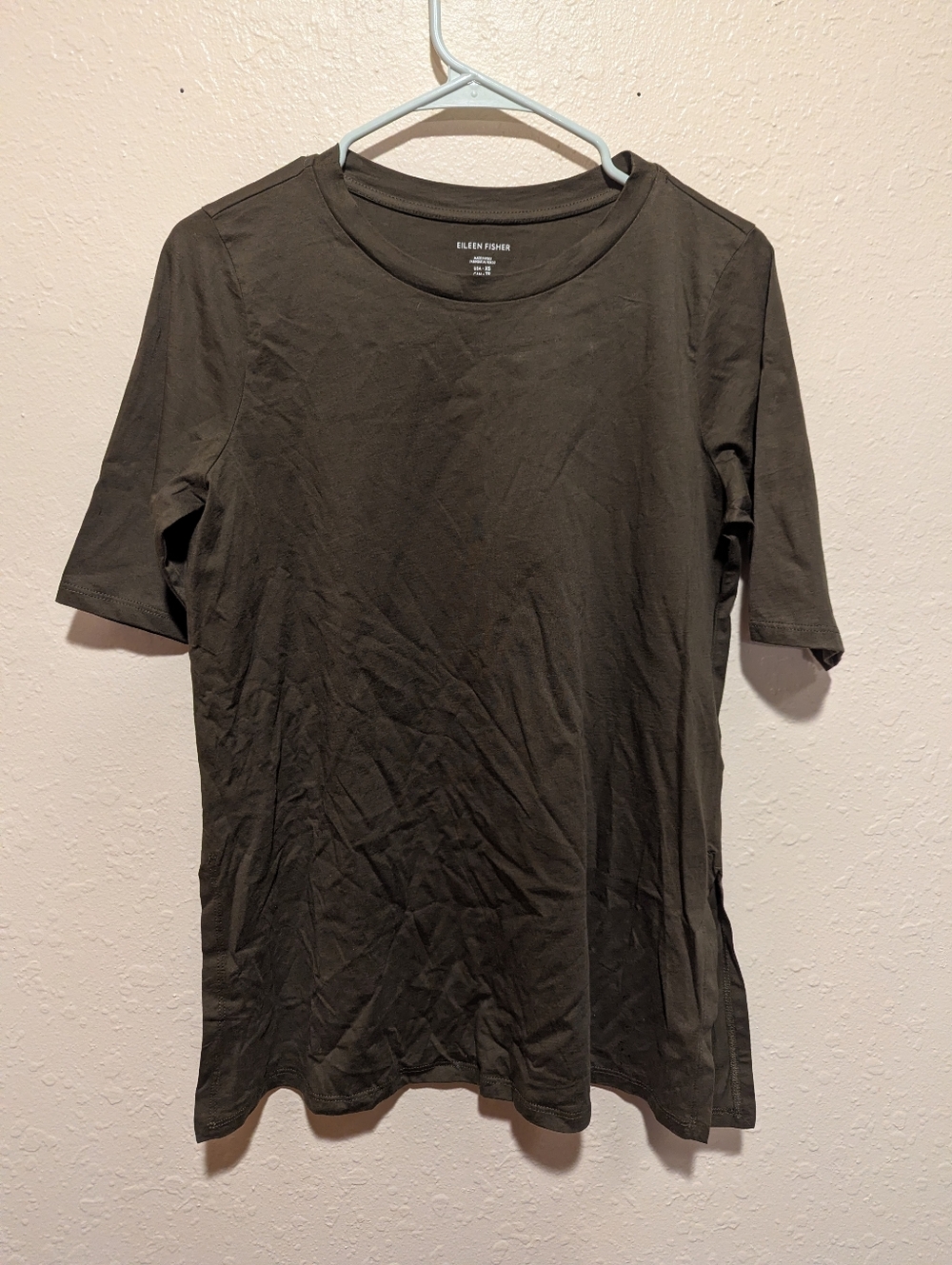 Eileen Fisher Woman Xs Olive Green Organic Cotton Spandex Tunic Top Short Sleeve